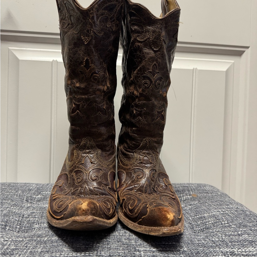 Brown Embossed Heeled Boots